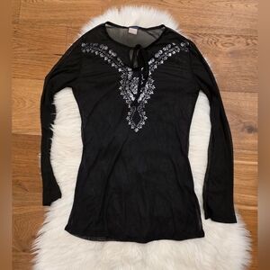 Vintage Sarah Black Long-Sleeve Embroidered Sheer Tie-Neck Top